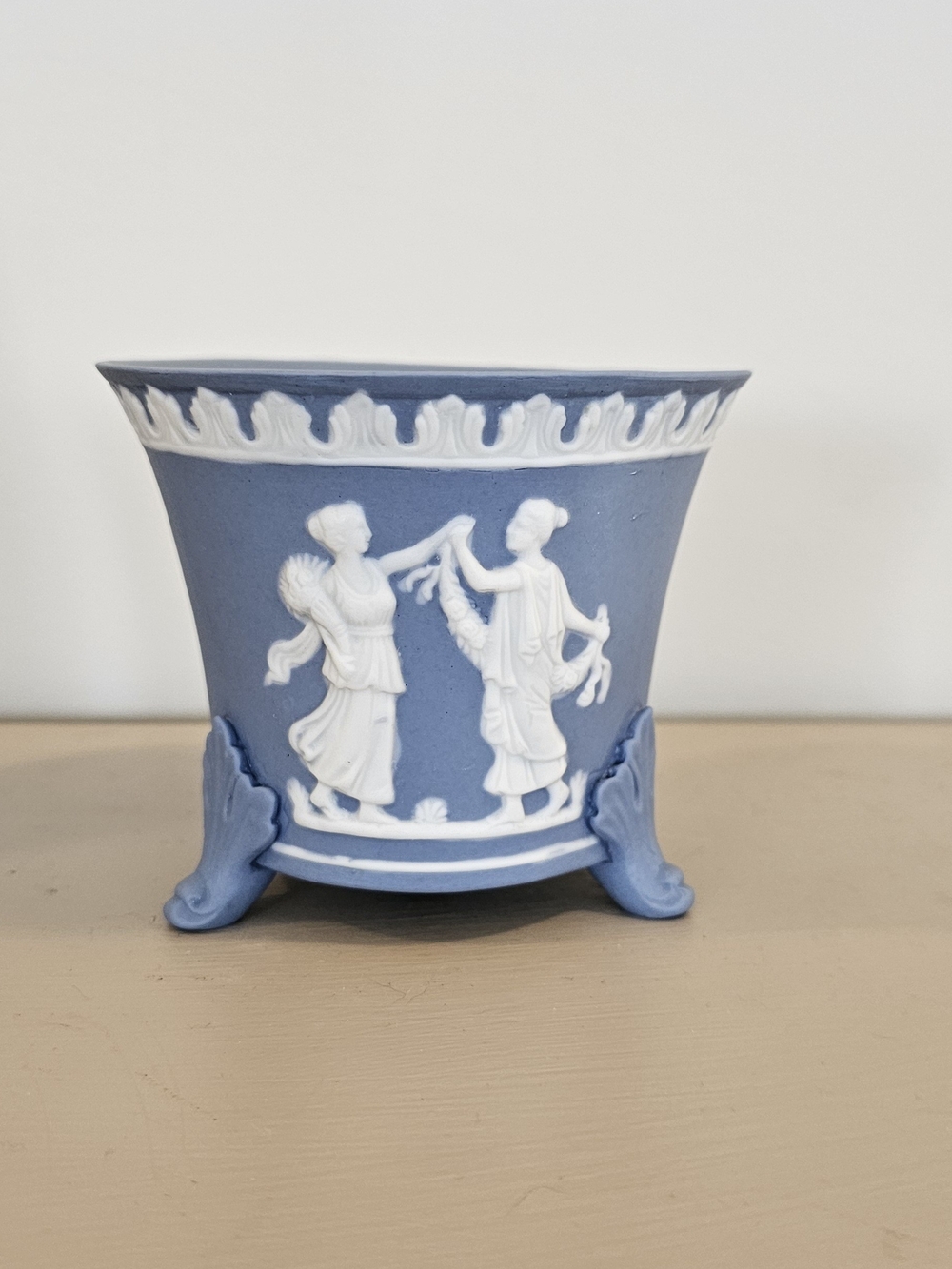 Blue Jasperware-Style Decorative Cachepot with Classical Relief
